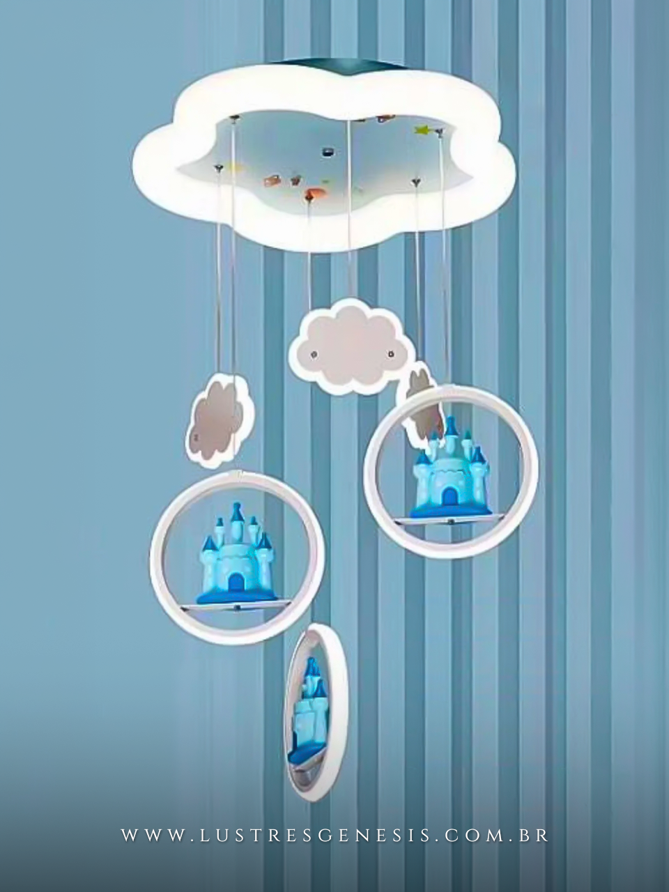 Luminaria Pendente Castelo Azul Nuvem Branca LED Neutro Ø50cm Decorativa para Quarto Infantil Quarto de Menina